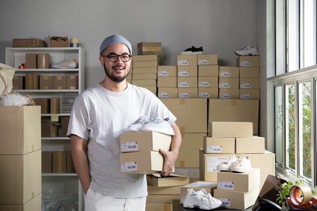 Confident young Asian man retail seller entrepreneur online store drop shipping small business owner looking at camera standing in delivery shipping warehouse with parcel boxes