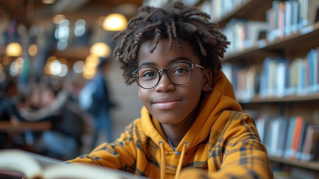 Photo confident young boy studying in a library