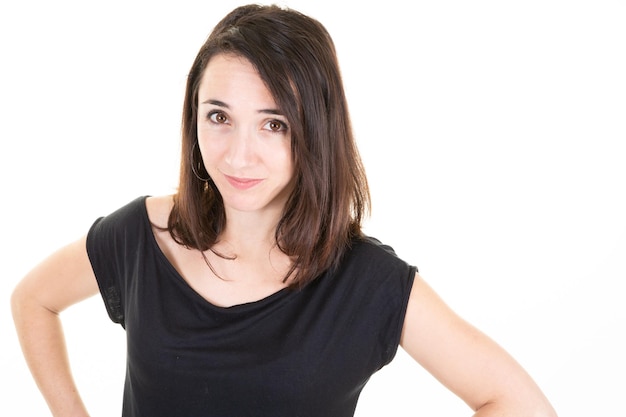 Confident young brunette business woman on white isolated background aside copy space