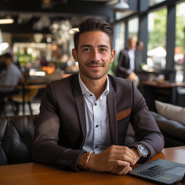 Confident young businessman sitting at a cafe table and looking at the camera