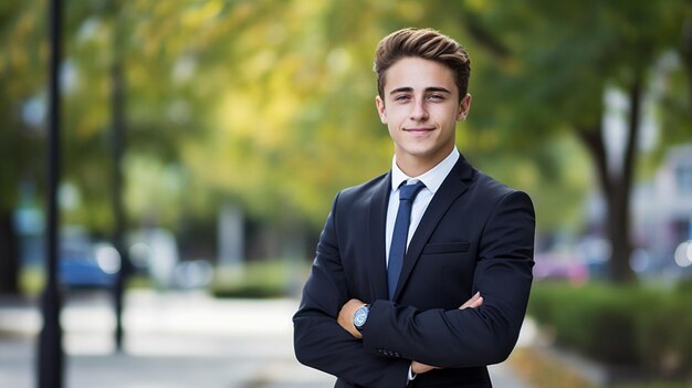 A confident young businessman smiling looking at camera