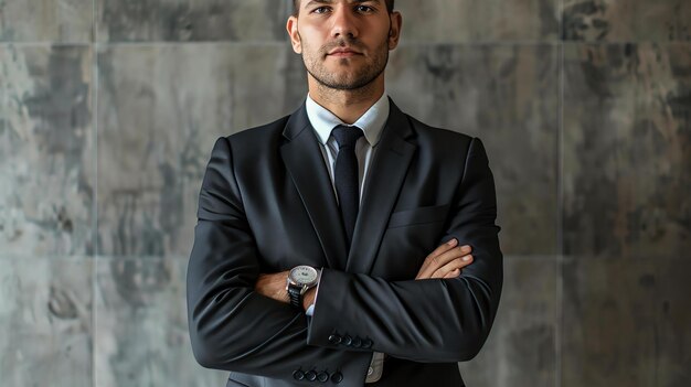 Confident young businessman standing with arms crossed