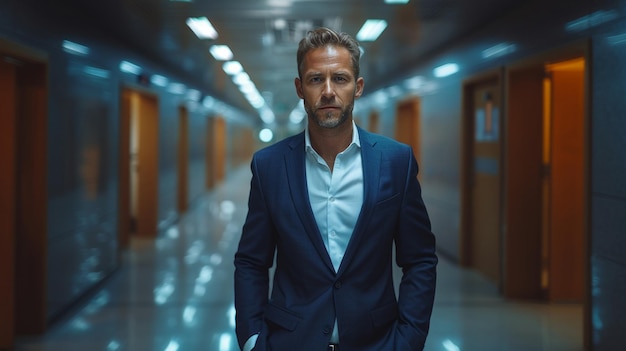 Confident Young Businessman Walking in Office Corridor