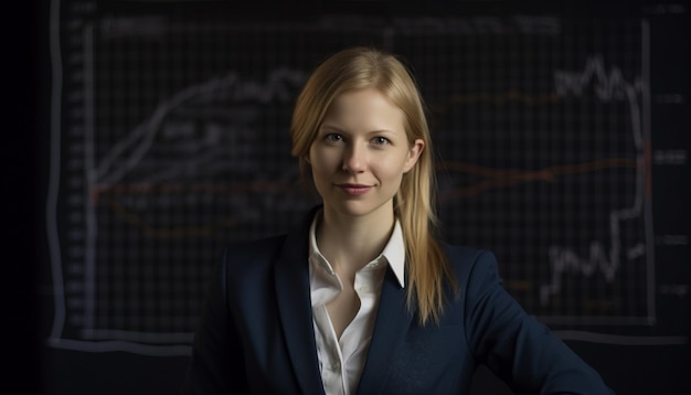 Confident young businesswoman smiling standing in office with chart foreground generated by AI