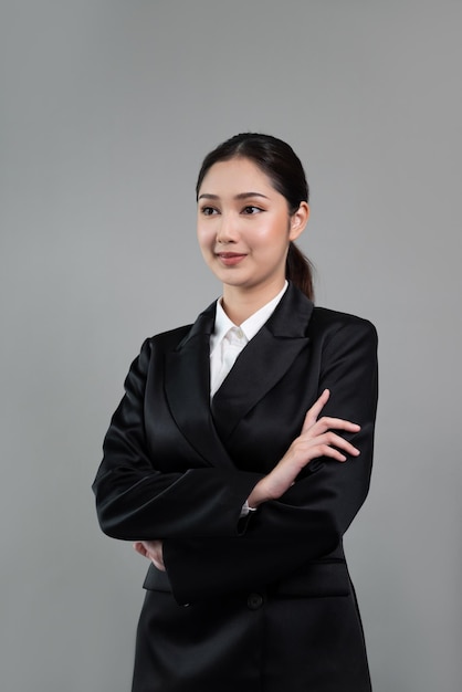 Confident young businesswoman stands on isolated background Enthusiastic