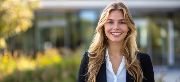 Una giovane donna d'affari sicura di sé con un sorriso luminoso in piedi all'aperto in una giornata di sole