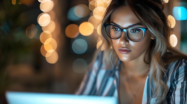 Photo confident young businesswoman working late on her laptop in the office