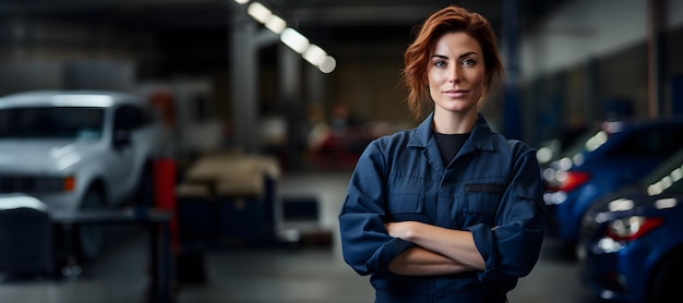 Photo confident young caucasian redhead woman car mechanic wearing a uniform in a garage horizontal 9x4