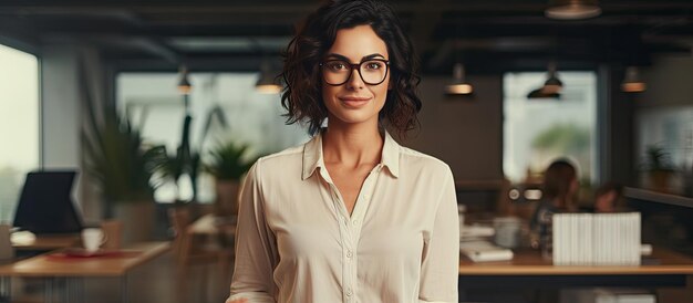 Fiduciosa giovane donna caucasica in ufficio in piedi indossando una camicia che tiene il caffè e sembra assertiva con gli occhiali