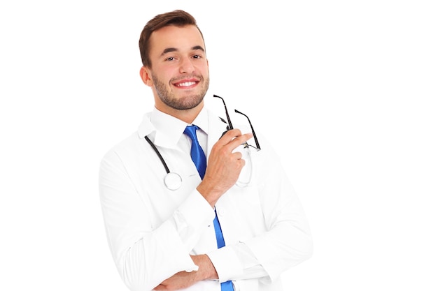 a confident young doctor over white background