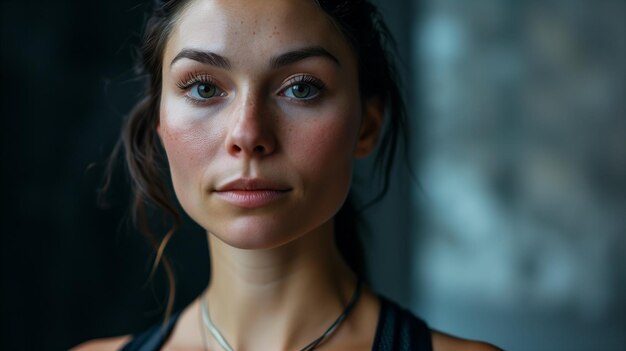 Confident young female athlete portrait in sportswear with neutral background