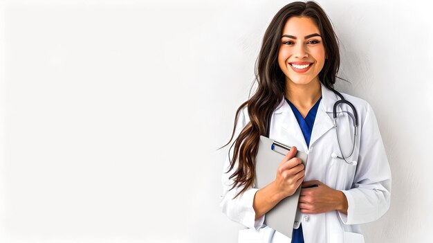 Foto confident young female doctor smiling with a stethoscope professional health worker portrait in a clinical setting perfect for medical and healthcare concepts ai