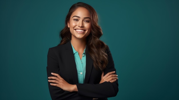 Confident young female executive in a stylish black business suit