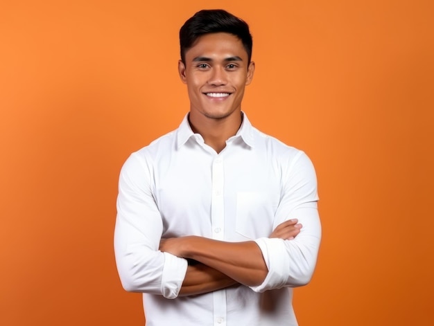Уверенный молодой индиец в белой рубашке, стоящий скрестив руки на оранжевом фоне