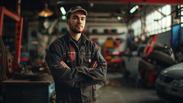 사진 confident young male mechanic standing with arms crossed in a wellequipped auto workshop