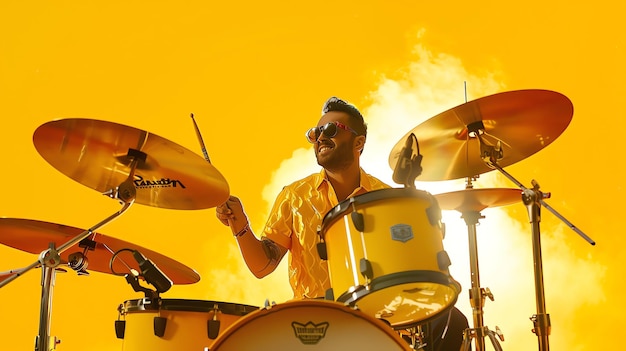 Photo confident young male rock drummer playing the drums on a yellow background