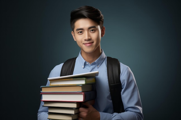 Photo confident young male student carrying a stack of books wearing a light blue shirt and backpack isolated on a dark background with copy space