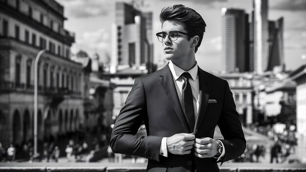 Confident young man in full suit looking away while standing outdoors in european city