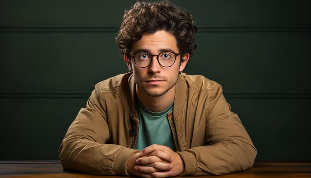 Photo a confident young man sitting at a desk smiling generated by ai