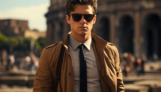 Photo a confident young man in sunglasses looking at camera generated by artificial intelligence