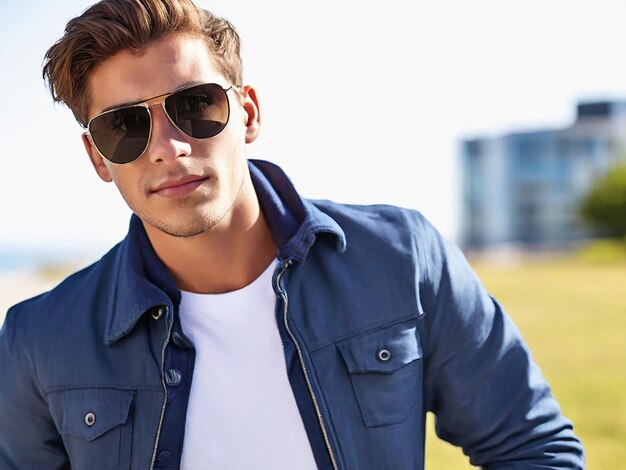 Photo a confident young man in sunglasses looking at camera outdoors