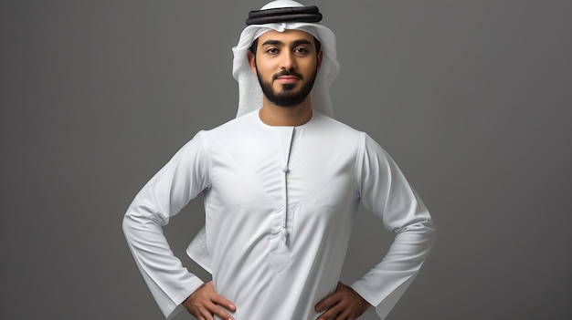 Photo confident young man in traditional emirati attire posing with hands on hips smiling studio shot on a grey background cultural representation ai