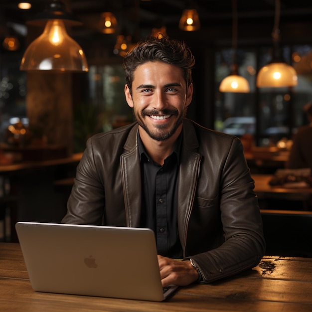 Confident young man using laptop in a cafe