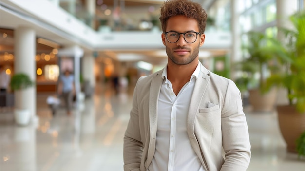 Confident Young Man in White Blazer at Indoor Mall