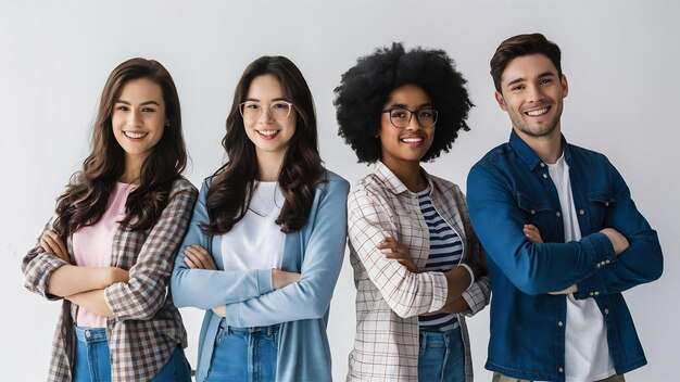 Photo confident young people standing shouder to shoulder with arms folded against white background