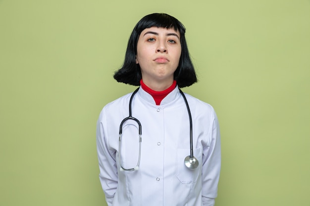 Confident young pretty caucasian girl in doctor uniform with stethoscope looking at the camera 