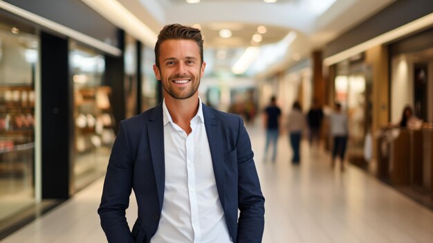 Confident young professional man in a suit standing in a shopping mall