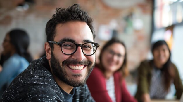 Confident young professional smiling at the camera He is wearing glasses and has a beard There are two women in the background