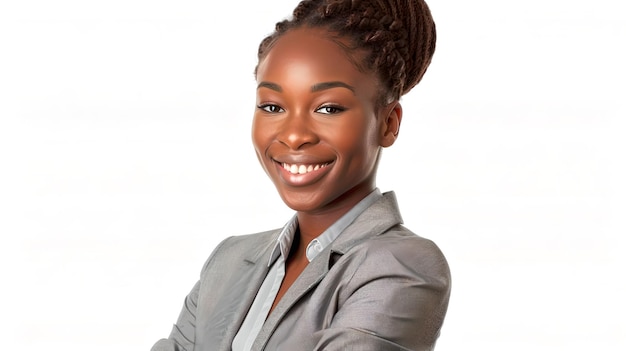 Confident young professional woman smiling in business attire Studio portrait against a white background Modern corporate style AI