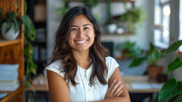 Photo confident young professional woman standing in a modern office space she is smiling and looking at the camera with her arms crossed