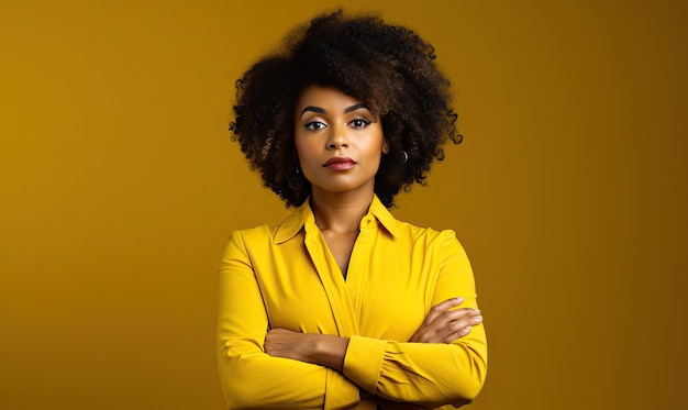 Confident young woman in bold yellow capturing the spirit of modern city life