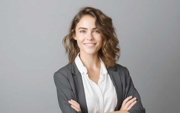 Confident Young Woman in Business Attire Against Grey Wall