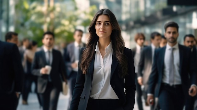 Confident young woman in businesswear cheerfully standing in crowded hightech office setting