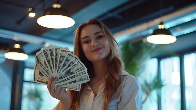 Confident young woman displaying a spread of cash in a modern office environment portrait of success and wealth AI