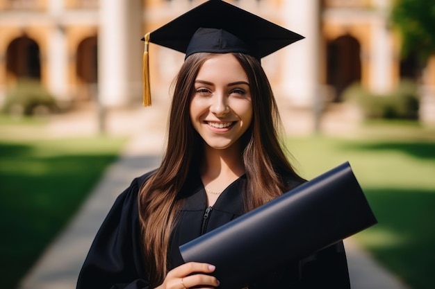 Confident young woman in graduation gown with diploma on campus