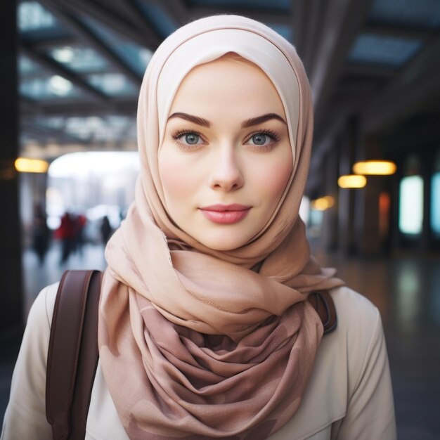 Confident young woman in hijab at urban transit center