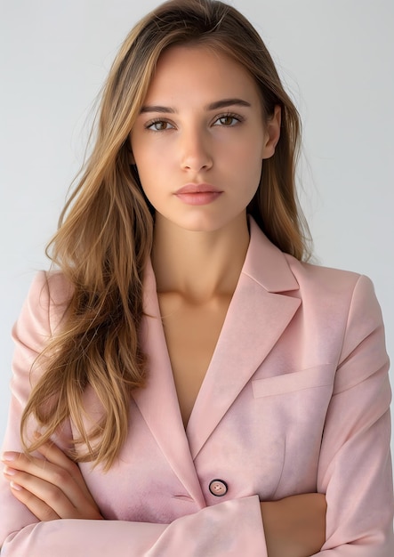 분홍색 블레이저 를 입은 자신감 있는 젊은 여자