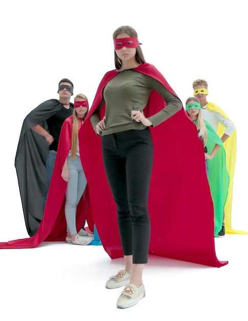 Confident young woman in a red cloak of a superhero