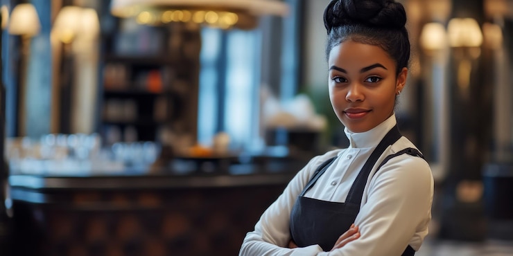 Photo a confident young woman in a stylish uniform stands in a classy restaurant she represents professionalism and service the setting is elegant and inviting a perfect image for hospitality ai