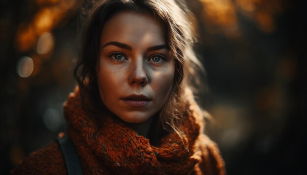 Confident young woman in warm winter wear smiles in forest generated by AI