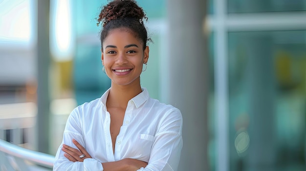 Photo confident young woman in white shirt with urban background