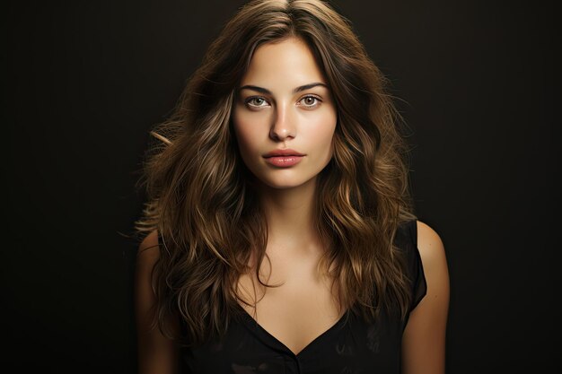 Photo confident young woman with curly brown hair looking at camera in nighttime portrait