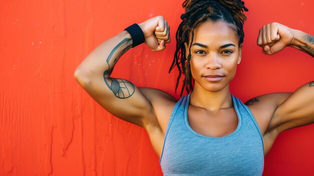 Confident young woman with dreadlocks flexing her muscles in front of a red background She is wearing a grey tank top and has tattoos on her arms