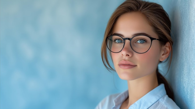 Confident young woman with glasses against blue wall background