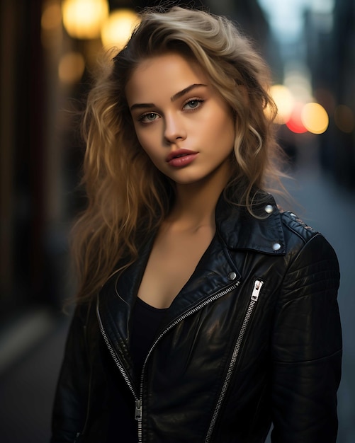 Confident Young Woman with Stylish Jacket and Glamorous Hairstyle