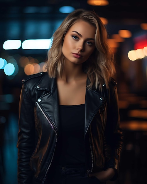 Confident Young Woman with Stylish Jacket and Glamorous Hairstyle